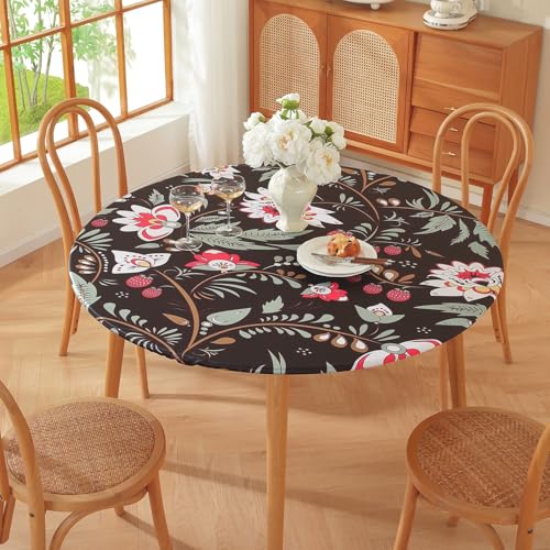 Runde Tischdecke für den Außenbereich – Elastische Kanten – Geometrischer Bohemian-Blumendruck – Kleine wasserdichte runde Tischdecke für Garten Esszimmer (Print 7,140cm) von PEIHUODAN