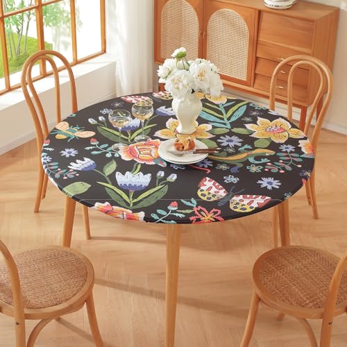Runde Tischdecke für den Außenbereich – Elastische Kanten – Geometrischer Bohemian-Blumendruck – Kleine wasserdichte runde Tischdecke für Garten Esszimmer (Print 9,100cm) von PEIHUODAN