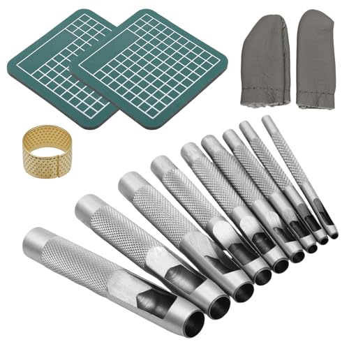 14er Locheisen Set 2.5/3/4/5/6/7/8/9/10mm Runde Lochstanzer mit Schneidebrett, Stanzwerkzeug Set Leder Puncher für Leder Uhrenarmbänder Gürtel Leinwand Öse Papier von PEIZHIYC
