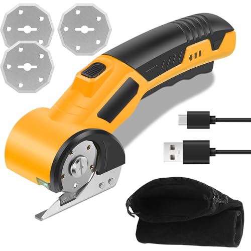 Kartonschneider Elektrisch Papier Schneider mit 3x Ersatzklingen und Sicherheitssperre, 5V Kabellose Stoff Schneideroller 320rpm Akku Universalschere zum Schneiden von Leder Karton Teppich Filz (Gelb) von PEIZHIYC