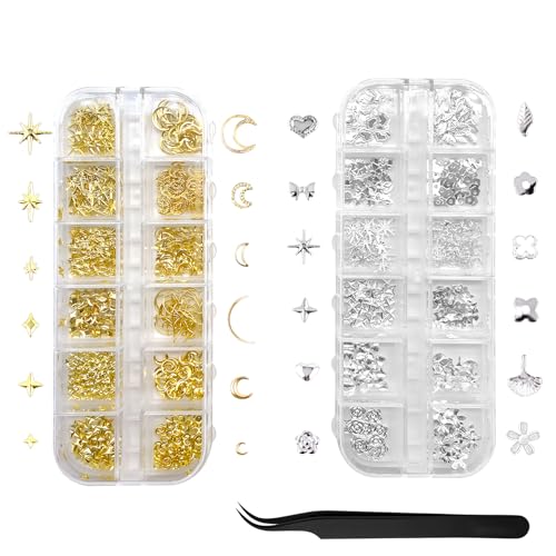 PEKLLOCY 2 Boxes Metal Nail Art Decoration Accessories,Nail Charms Gold Silver Star Bows,Blumen, Sterne, Mond, charms nägel, nail art zubehör, Nail Art and DIY for Women and Girls PEKLLOCY 2 Boxes Metal Nail Art Decoration Accessories,Nail Charms Gold Silver Star Bows,Blumen, Sterne, Mond, charms nägel, nail art zubehör, Nail Art and DIY for Women and Girls von PEKLLOCY