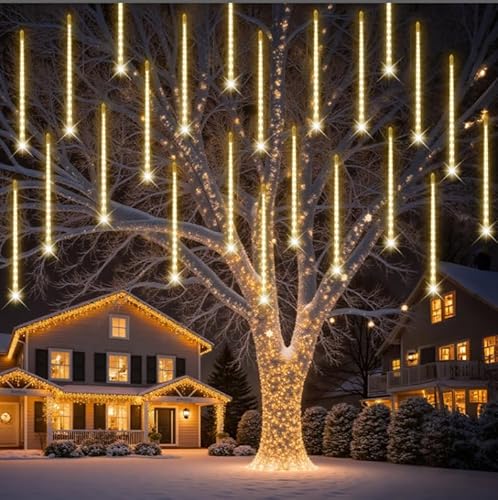 PEMOTech Weihnachtsbeleuchtung Außen,24 Röhren 30 CM 576 LEDs eiszapfen lichterkette außen,Wasserdichte Fallende Regen Lichter für Weihnachten HalloweenWeihnachtsbaum, Weihnachtsdeko Aussen,WarmesWeiß von PEMOTech