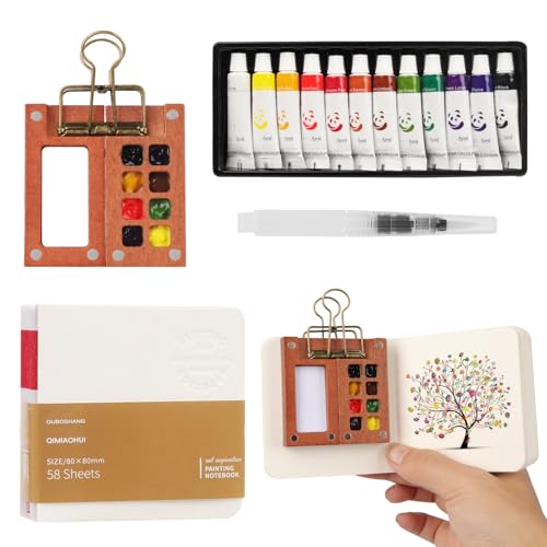 Mini Aquarell Travel Set, Skizzenbuch Palette Set 8 Grids,Tragbares Holz Malpalette Malkasten,Skizzenbuch Palette für Künstler, Studenten,mit Aquarellpapier Journal, Aquarellpinsel Stiftel, Clip Mini Aquarell Travel Set, Skizzenbuch Palette Set 8 Grids,Tragbares Holz Malpalette Malkasten,Skizzenbuch Palette für Künstler, Studenten,mit Aquarellpapier Journal, Aquarellpinsel Stiftel, Clip von PENCHUAN