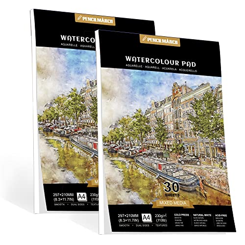 PENCILMARCH Aquarellpapier A4, 60 Blatt Aquarellblock Insgesamt, Aquarell Papier für Wasserfarben, Aquarell Skizzenbuch, Watercolor Paper für Studenten,Anfänger, Skizzenbuch Aquarell 230g 2 Stück PENCILMARCH Aquarellpapier A4, 60 Blatt Aquarellblock Insgesamt, Aquarell Papier für Wasserfarben, Aquarell Skizzenbuch, Watercolor Paper für Studenten,Anfänger, Skizzenbuch Aquarell 230g 2 Stück von PENCILMARCH