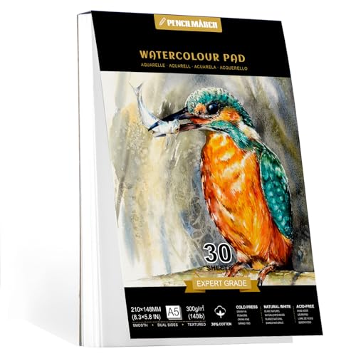 PENCILMARCH Aquarellpapier A5 300g, 30 Blatt Aquarellblock A5, Aquarell Papier für Wasserfarben, Aquarell Skizzenbuch, Watercolor Paper für Studenten,Anfänger, Skizzenbuch Aquarell 30% Baumwolle PENCILMARCH Aquarellpapier A5 300g, 30 Blatt Aquarellblock A5, Aquarell Papier für Wasserfarben, Aquarell Skizzenbuch, Watercolor Paper für Studenten,Anfänger, Skizzenbuch Aquarell 30% Baumwolle von PENCILMARCH