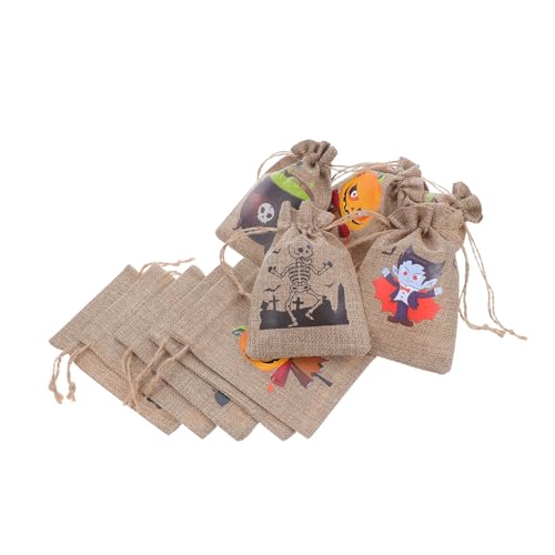 PENIKOKO 10 Stück Halloween Geschenktüten aus Robustem Jutesack mit Kordelzug Bedruckt mit Kürbis Vampir Co Vielseitige Süßigkeitenbeutel für Party Snacks und Geschenkverpackung von PENIKOKO
