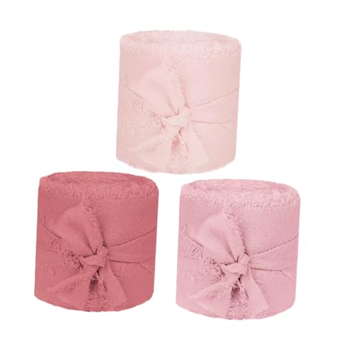 PENIKOKO 3 Rollen Fransen-chiffonband Breit Seidenband für Hochzeitseinladungen Brautsträuße DIY Geschenkverpackung Blumenstrauß Zubehör Rosa Festliche Dekoration von PENIKOKO