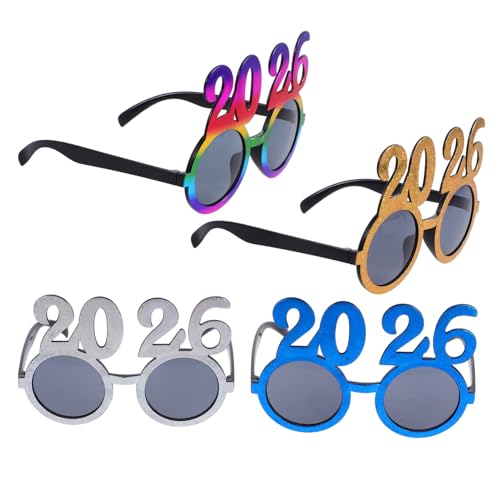 PENIKOKO 4 Stück Teiliges Neujahrsbrillen aus Robustem Pc Material Lustige Partybrillen mit Retro Rundglasdesign Leicht und Tragbar Fotorequisiten für Silvester und Abschlussfeiern von PENIKOKO