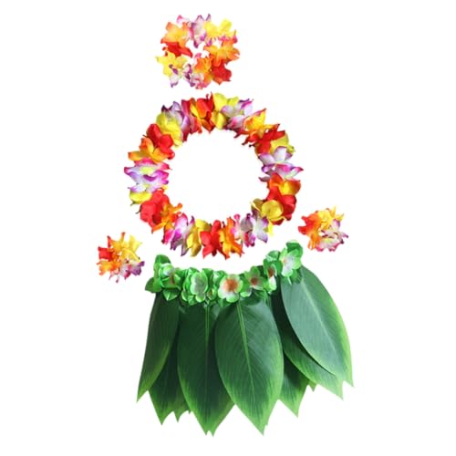 PENIKOKO 5 Stück Teiliges Hawaii Hula Set mit Grünem Blätterrock Künstlicher Blumenkette und Kopfschmuck Luau Kostüm für Erwachsene Sommerliche Strandparty und Mottofeier Zubehör von PENIKOKO