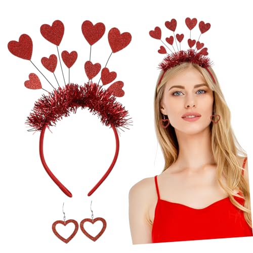 PENIKOKO Valentinstag Herz Haarreif mit Ohrringen und Kopfstück Stilvolle Kostümaccessoires für Party Cosplay und Romantische Anlässe Rotes Herz Motiv Festliches Valentinstags von PENIKOKO