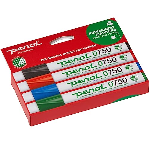 PENOL Permanentmarkerstifte, 4 Marker stifte Mehrfarbig 0750, 2-5 mm Markierstift mit Keilspitz Nordic Swan Ecolabel, Schnell Trocknende und Lichtbestandige Tinte auf Alkoholbasis von PENOL