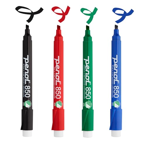 PENOL Whiteboard-Marker, 4 Whiteboard Stifte in der Standardfarben – 850, 2–5 mm Keilspitze, trocken abwischbarer Marker mit Nordic Swan Ecolabel, geruchlose Folienstifte für Büro und Schule von PENOL