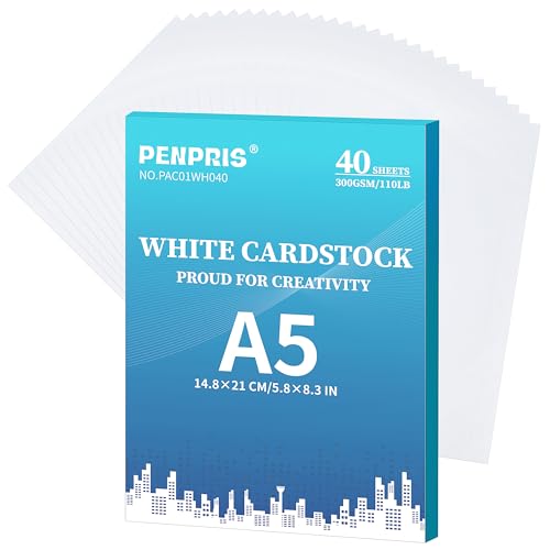 40 Blatt Weiß Kartonpapier - 300gsm 110lb A5 Größe Cover Card Stock 110lb schweres Papier dickes Papier für DIY Kartenherstellung, Einladungen, Postkarten, Visitenkarten, PAC01WH040 von PENPRIS