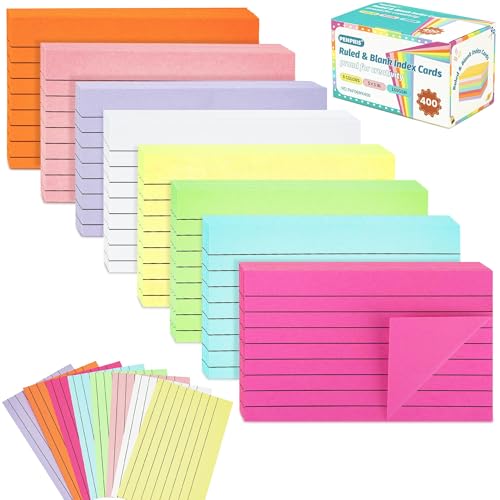 400 Stück (8 Packungen) linierte Karteikarten - 8 Farben - Lernkarten 5x3 Zoll [127x77mm] - Mehrfarbige Merkkarten für Büro, Schule, Zuhause, Lernen, Dokumentation - PAP06MX400 von PENPRIS
