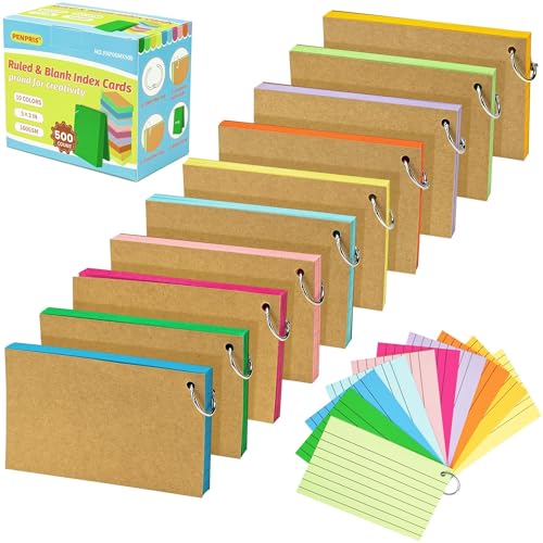 500 Stück (10 Packungen) linierte Karteikarten - 10 Farben - Lernkarten 5x3 Zoll [127x77mm] - Bunte Notizkarten für Büro, Schule, Zuhause, Lernen, Dokumentation - PAP06MX500 von PENPRIS