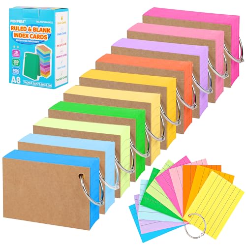 800 Blatt farbige Karteikarten mit Ringen, A8-Größe, doppelseitig liniert und blanko, liniert, Notizkarten für Schule, Bürobedarf, 150 g/m², 8 Farben PAP06A8MX1 800 Blatt farbige Karteikarten mit Ringen, A8-Größe, doppelseitig liniert und blanko, liniert, Notizkarten für Schule, Bürobedarf, 150 g/m², 8 Farben PAP06A8MX1 von PENPRIS