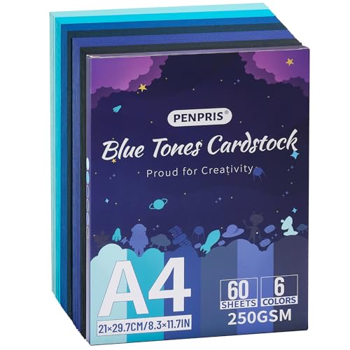Blau Tönendes Kartonpapier - 60 Blatt 6 Farben Blau Kartonpapiere A4 Größe Kartonpapier 250gsm/92lb Schwergewichtiges Kartonpapier für Drucker,Kartenherstellung,DIY-Handarbeiten,Scrapbooking PAC06MX2 von PENPRIS