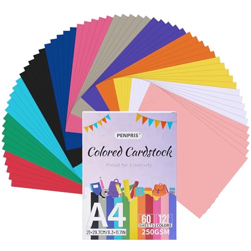 Farbige Kartonpapier - 60 Blatt 12 Farben Farbige Kartonpapiere A4 Größe Kartonpapier 250gsm/92lb Schwergewichtiges Kartonpapier für Drucker, Kartenherstellung, DIY-Handarbeiten, Scrapbooking PAC06MX1 Farbige Kartonpapier - 60 Blatt 12 Farben Farbige Kartonpapiere A4 Größe Kartonpapier 250gsm/92lb Schwergewichtiges Kartonpapier für Drucker, Kartenherstellung, DIY-Handarbeiten, Scrapbooking PAC06MX1 von PENPRIS