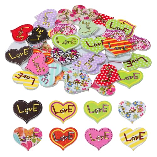 Penta Angel Knöpfe in Herzform, verschiedene Muster und Farben, flache Rückseite, 2 Löcher, Holz-Knöpfe, Verzierungen für Handwerk, Nähen, Scrapbooking, DIY, Valentinstag, Dekoration, 50 Stück von PENTA ANGEL