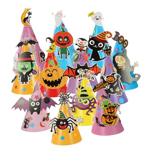 PEPLAYTAL 12 Stück Teiliges DIY Halloween Papierhut mit Cartoon Motiv Kreativer Partyhut zum Basteln für Einzigartiges Kostümzubehör Festliche Dekoration für Halloween Feiern von PEPLAYTAL
