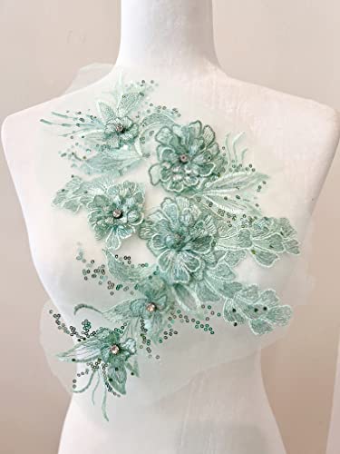 PEPPERLONELY 3D Perlen Blume Nähen auf bestickte Spitze Applique Hochzeitskleid Brautkleid Kopfschmuck Verzierung DIY Patch Kleidung Zubehör, 34,8 x 21,6 cm, Grün von PEPPERLONELY