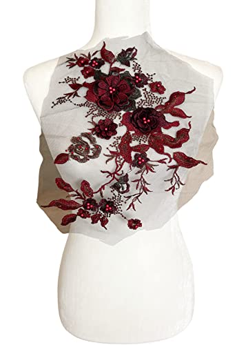 PEPPERLONELY 3D Perlen Blume Nähen auf bestickte Spitze Applique Hochzeitskleid Brautkleid Kopfschmuck Verzierung DIY Patch Kleidung Zubehör, 35,6 x 27,9 cm, Weinrot von PEPPERLONELY