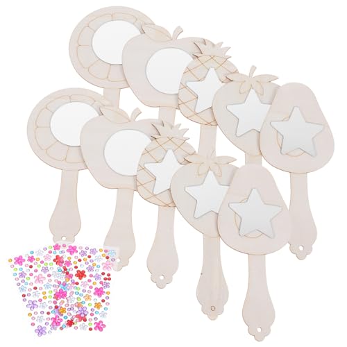 PERSELOSO 10 Sätze Diy Holz Handspiegel Set für Unvollendete Holzspiegel mit Strass Bastelset zum Malen für Geburtstagsfeiern und Partys Kreative Dekoration und Kunstentwicklung von PERSELOSO