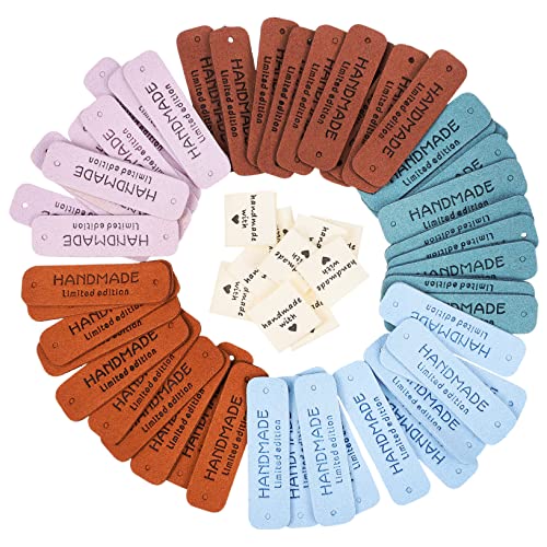 PERSELOSO 60 Stück Handmade Etiketten für Kleidung und Taschen Geprägte Leder und Stoffetiketten für DIY Projekte Farben für Handarbeiten Häkeln und Stricken von PERSELOSO