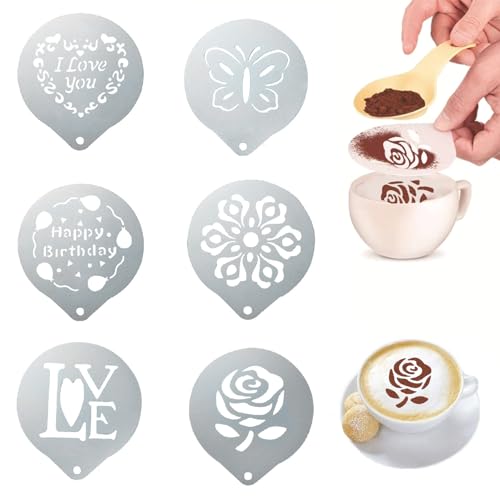 Kaffee-Schablonen aus Edelstahl, personalisierbar, für Latte Art, Kaffee, Dekoration, Barista, Cappuccino, Kunst, Vorlagen, Kaffee-Girlande, 6 Stück Kaffee-Schablonen aus Edelstahl, personalisierbar, für Latte Art, Kaffee, Dekoration, Barista, Cappuccino, Kunst, Vorlagen, Kaffee-Girlande, 6 Stück von PERSENTU
