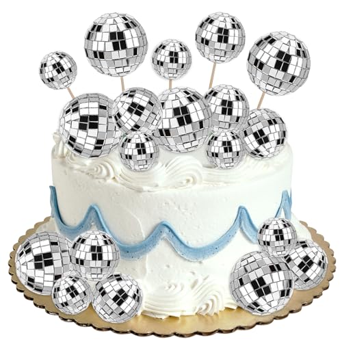 Cake Topper Geburtstag Disco, 22 Stück Tortendeko Silber Discokugel Kuchen Deko Torten Deko für 70/80/90er Disco Tanz Mottoparty Dekorationszubehör von PETLAR