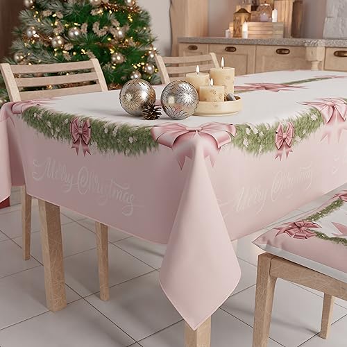 PETTI Artigiani Italiani -Schmutzabweisende Weihnachtstischdecke rechteckig, für die Küche, rosa Schleifen- und Feder-Motiv,für X18 Personen (140x360 cm) 100% Made in Italy von PETTI Artigiani Italiani