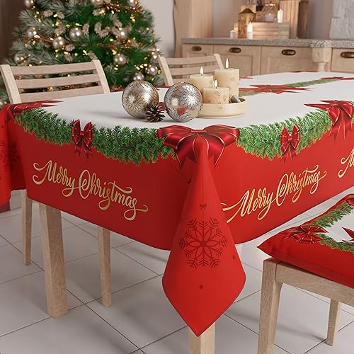 PETTI Artigiani Italiani -Schmutzabweisende Weihnachtstischdecke rechteckig, für die Küche,Rote Schleife,für X6 Personen (140x180 cm) 100% Made in Italy von PETTI Artigiani Italiani