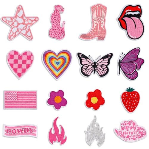 16stk Preppy Patches, Rosa Bestickter Aufnäher zum Aufbügeln Niedliche Dekorative Aufnäher Applikationen für Kleidung Rucksäcke Jacken Hüte DIY-Basteldekorationen von PEUTIER