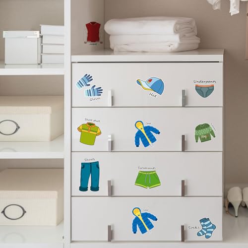 2 Bögen (32 Stück) Kleidungsaufkleber Kinder, 28 x 28 cm Kleidungsaufkleber zum Beschriften Kleidungsklassifizierung Aufkleber zum Sortieren von Kleidung für Schlafzimmer Heimdekoration von PEUTIER