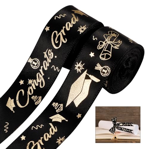 PEUTIER 2 Rollen Abschlussband, 2,5cm x 4,57 Meter, Polyester, Schwarz, Modern, Jahrgang 2024, Heißprägung, Dekoratives Abschlussband für Geschenkverpackungen und Partydekorationen von PEUTIER