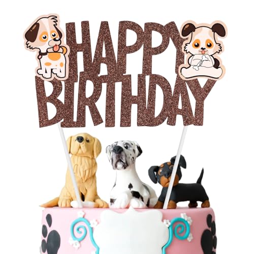 2 Stück geburtstagskuchenaufsatz, Happy Birthday Kuchenaufsatz Happy Birthday-Kuchen-Party-Dekoration für Babyparty Kinder Tier-Themen-Kuchendekorationen(Braun, Hund) von PEUTIER