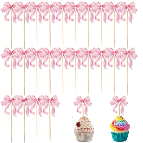 24 Stück Cupcake Topper mit Rosa Schleife, Cupcake Topper aus Papier mit Schleife Süße Dessert Kuchen Topper für Mädchen Geburtstagsparty Hochzeitsfeier Dekorationen 24 Stück Cupcake Topper mit Rosa Schleife, Cupcake Topper aus Papier mit Schleife Süße Dessert Kuchen Topper für Mädchen Geburtstagsparty Hochzeitsfeier Dekorationen von PEUTIER