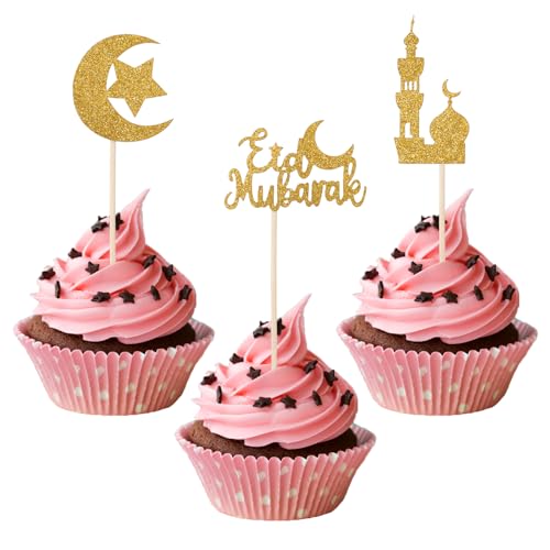 24St Eid Mubarak Cake Topper, Glitzergold Cupcake Topper Ramadan Mondstern Kuchenaufsatz Eid Cupcake Picks Eid Mubarak Dekorationen für Islamische Muslimische Mottoparty von PEUTIER