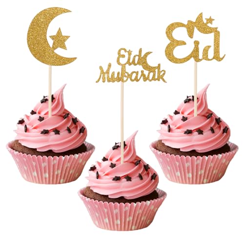 24St Eid Mubarak Cupcake Topper, Glitzergold Mondstern Kuchenaufsatz Ramadan Kareem Kuchenaufsatz Eid Cupcake Picks Eid Mubarak Dekorationen für Islamische Muslimische Themenparty von PEUTIER