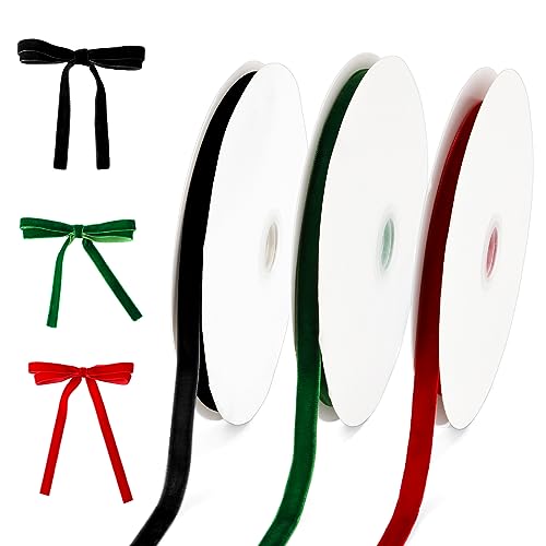 3 Rollen Samtband, 1cm 18,3m Vintage Weihnachtsbänder Einfarbig Samtband für Weihnachten Verpackung Hochzeit Heimwerken Basteln Dekoration Party Zubehör (Insgesamt 54,8m) von PEUTIER