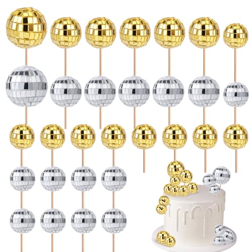 30 Stück Disco-Kugel-Cupcake-Topper, Mini-Disco-Kugel-Picks Retro-Kuchendekorationen mit Stab 70er-Jahre-Disco-Motto-Partyzubehör für Dessert Geburtstagsdekoration (Silber, Gold) von PEUTIER