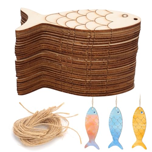 30stk Unfertiges Fischornament aus Holz, Blanker Fisch aus Holz zum Aufhängen Fischförmiges Holz Natürlich Fischanhänger Holz Loch Hanfseile Fischausschnitte Holz für Kunsthandwerk Dekoration von PEUTIER