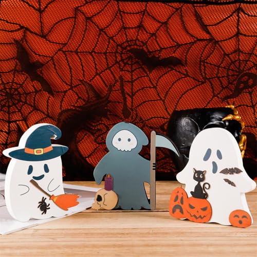 3stk Geister-Halloween-Dekorationen für Drinnen, Süßes Holzschild mit Geistern Schwarze Katze Und Hexe Halloween-Tischschild Kreatives Geister-Tischschild aus Holz für Partys Heimregale von PEUTIER
