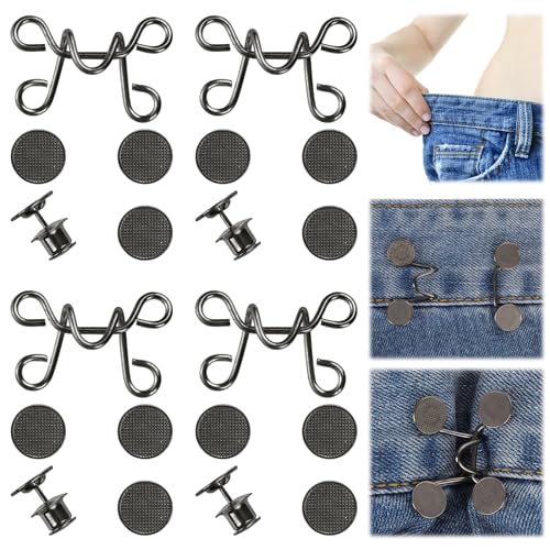 4 Stück Jeans Knopfspanner in Der Taille, Abnehmbarer Jeans Knopfspanner in Der Taille Knopfnadel Kein Nähen Erforderlich Verstellbare Hosen Taillenspanner Knopfspanner (Schwarz) von PEUTIER