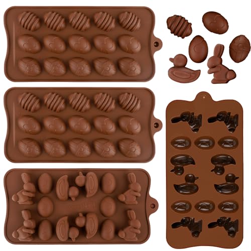 4 Stück Osterformen für Schokolade 3D, Osterformen Silikon Oster Süßigkeiten Schokoladenformen mit Eier- Hasen- Entenformen für Oster-Mottoparty Kinderparty Kunstharz Epoxidharz von PEUTIER