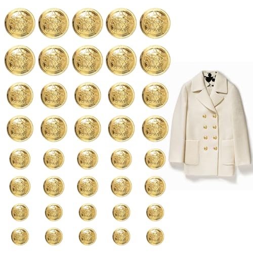 PEUTIER 40stk Goldene Blazer Knopf Set, 4 Größen Goldene Vintage-Nähknöpfe Glänzende Dekorative Ösenknöpfe für Mäntel Jacken Jeans Uniforme Anzüge Basteln (15/18/21/25mm) von PEUTIER