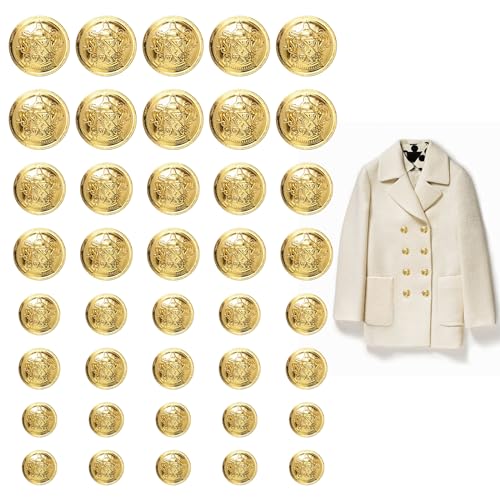40stk Goldene Blazer Knopf Set, 4 Größen Goldene Vintage-Nähknöpfe Glänzende Dekorative Ösenknöpfe für Mäntel Jacken Jeans Uniforme Anzüge Basteln (15/18/21/25mm) von PEUTIER