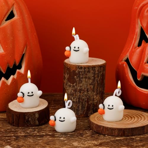 4st Mini Halloween Kerzen Kürbis, Süß Geister Kerzen Weiß Gruselig Halloween Deko Kerzen Geschenke Partydekorationen für Zuhause Halloween Partyraum Tischdekorationen von PEUTIER