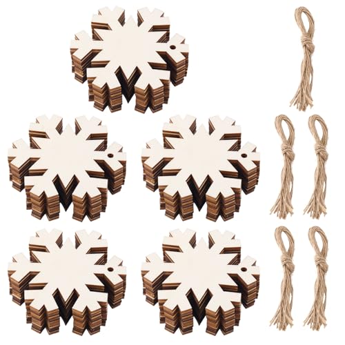 50 Stück Holz Schneeflocken, Weihnachts Schneeflocken aus Holz Unlackierte Weihnachtsdekoration aus Holz Holzhandwerk Schneeflocke für Christbaumschmuck Kinderbemalung von PEUTIER