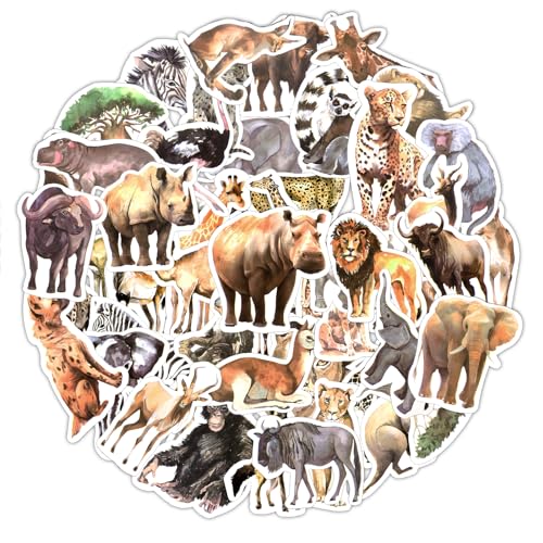 50stk Realistische Tier Aufkleber, Afrikanische Wildtier Aufkleber Wasserfester Dschungel Wildtier Aufkleber Verschiedene Safari-Zoo-Aufkleber für Kinder Wasserflasche Sammelalbum von PEUTIER